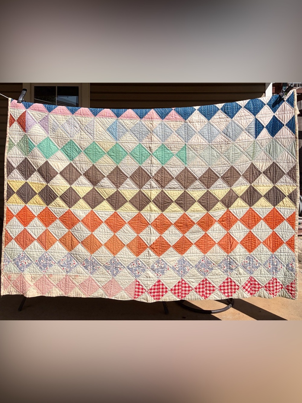 Vintage 1950s Patchwork Quilt 62 x 82, Handmade Hand Quilted Diamond Quilt
